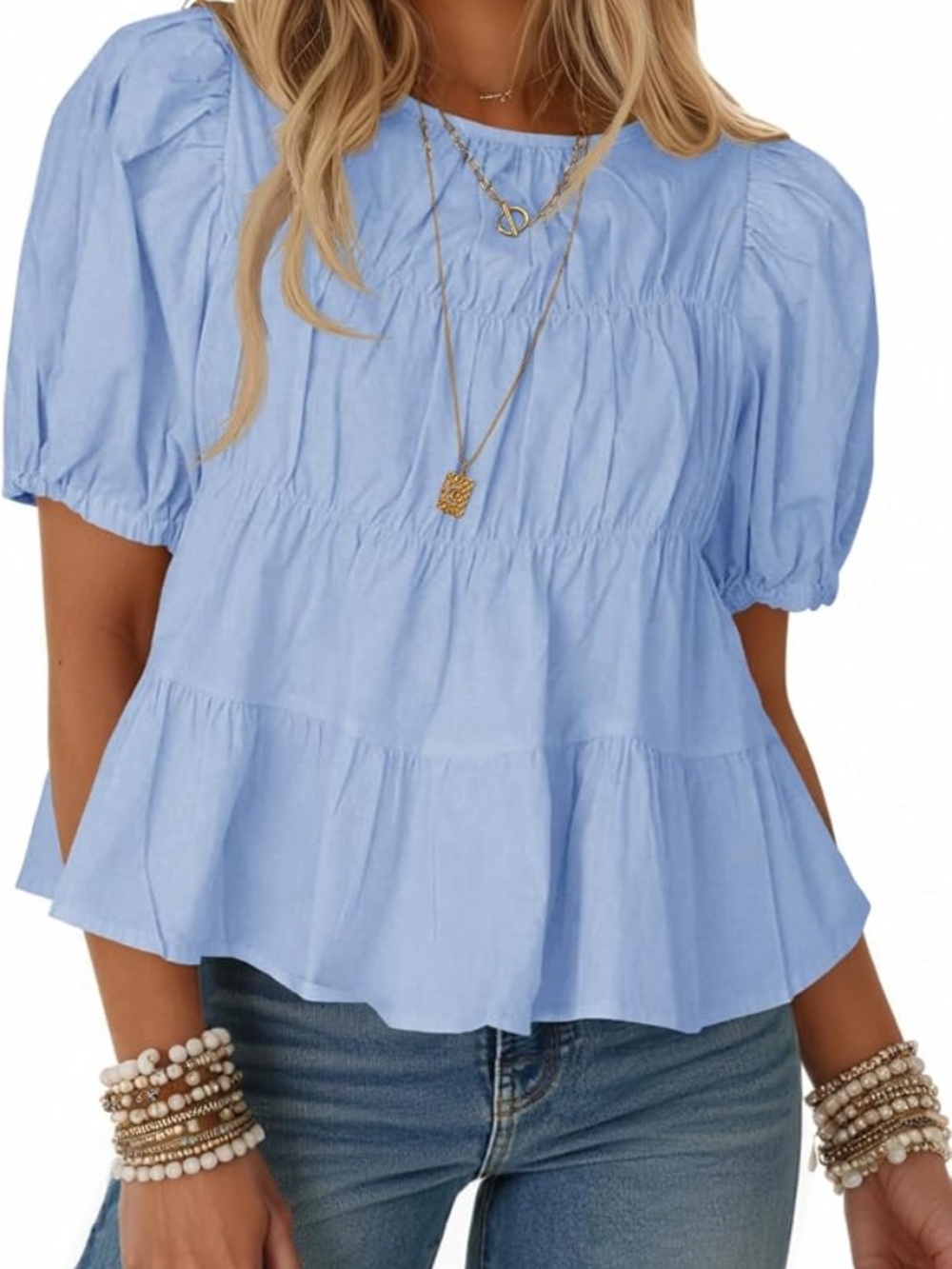 Tankaneo Womens Puff Sleeve Peplum Babydoll Tops Summer T-Shirts Blouse